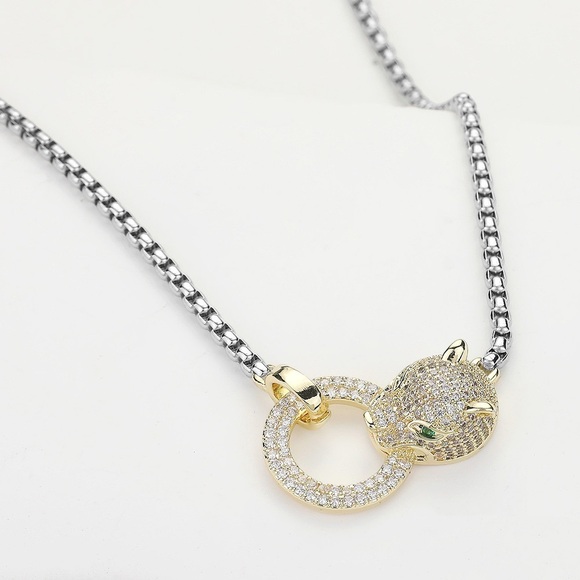 14K GP Pave Leopard Panther Head Necklace - Picture 4 of 4